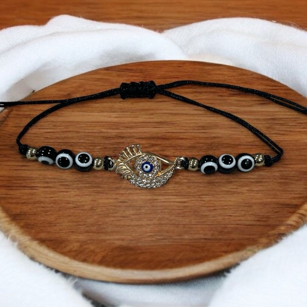 Evil Eye Golden Rhinestone and Black Corded Bracelet